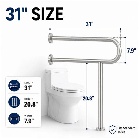 Rock Solid Floor Mounted Toilet Knurled Grab Bar With Leg Heavy Duty Brushed Nickel Stainless Steel Support Handle Bathroom Stand Assist Safety Rail 31 Inch dimensions shown beside a toilet.