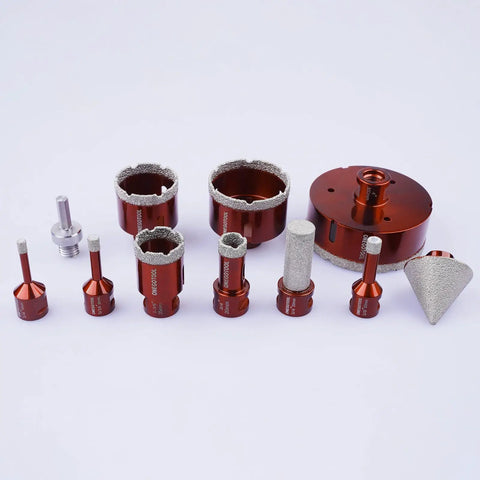 Diamond Hole Saw Kit For Porcelain Ceramic Concrete Granite Marble Tiles With 6 8 10 20 35 50 75 100 mm Holes DIY Friendly Plus 50 mm Chamfer Bit 20 mm Finger Bit And Adapter In Aluminum Case For Fast Waterless Drilling displayed on a white background
