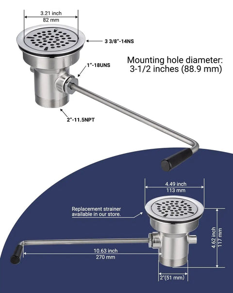 Three And A Half Inch Commercial Sink Drain With Twist Lever Handle For Restaurant Two Thirds Compartment Sink Waste Drain Valve Without Overflow Inlet Easy Control Blockage Free And Leakproof