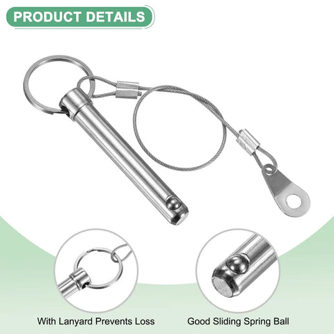 Four Pack Quick Release Pins 10mm Diameter 51mm Length 60mm With Lanyard Screw For Bimini Top And More, multi-purpose pin with details