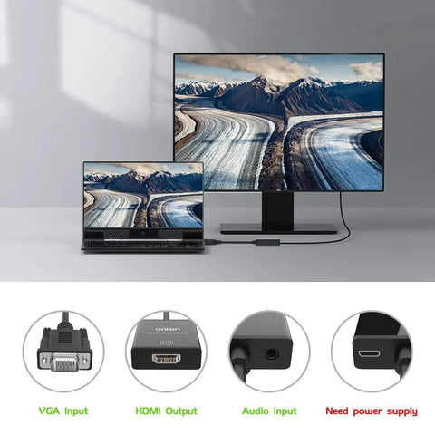 VGA To HDMI Converter Adapter For PC And Laptop 1080P HD Video With Audio No Fuss Plug And Play Audio Embedding USB Powered