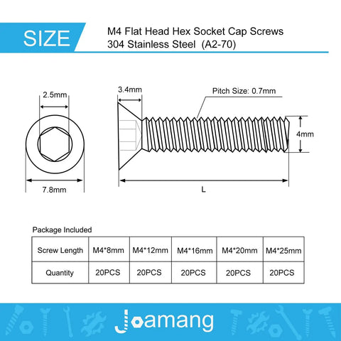 Technical drawing of Stainless Steel 304 M4 Countersunk Hex Socket Cap Screws with dimensions and screw sizes in assortment kit.