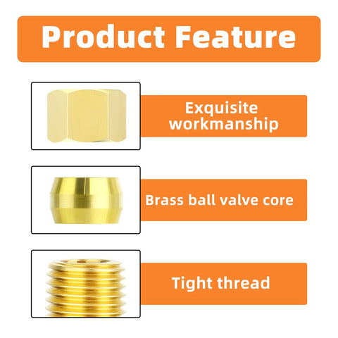 Features of Brass Compression Tee Fitting Three Eighths Inch Tube OD Connector 5 Pack, showcasing workmanship, valve core, thread details.