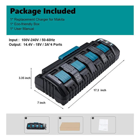 4 Port 12A Battery Charger For 18V Batteries Fast 18V Rapid Charger With Simultaneous Four Lithium Ion Packs, dimensions shown.