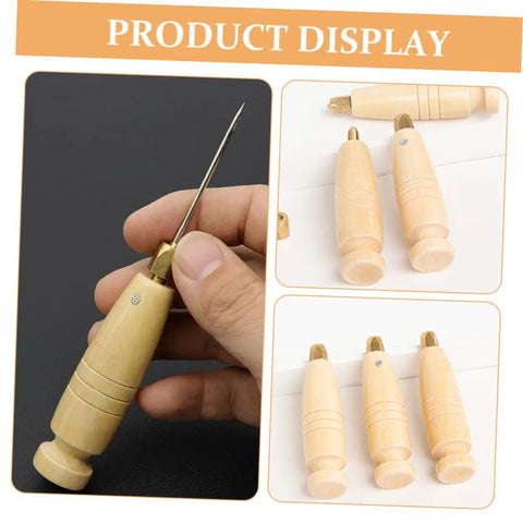 3 Piece Awl Handle Set For Leather Crafting And Woodworking With Ergonomic Wooden Grip Replacement Stitching Tool For Do It Yourself Sewing Projects showing close-up of wooden awl with metal tip.