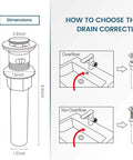 Diagram showing dimensions of Vessel Sink Drain Pop Up Stopper With Built In Anti Clogging Strainer Brushed Nickel Finish Overflow Ready.