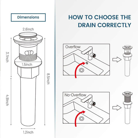 Diagram showing dimensions of Vessel Sink Drain Pop Up Stopper With Built In Anti Clogging Strainer Brushed Nickel Finish Overflow Ready.