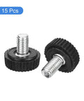 Heavy Hitter Black M5x8mm Threaded Knurled Thumb Screws Zinc Plated Carbon Steel Clamping Knobs shown in two views.