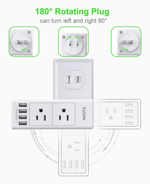 Rotating Plug Power Strip With Six Outlets And Four USB Ports Swivel Wall Adapter Surge Protector Up To 1700 Joules 3 Sided Outlet Expander White