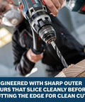 Dead Bang True 5/16 Inch Brad Point Drill Bit Rips Through Lumber Like Butter in use on wood for precise cuts.