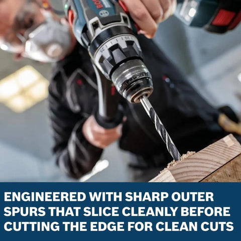 Dead Bang True 5/16 Inch Brad Point Drill Bit Rips Through Lumber Like Butter in use on wood for precise cuts.