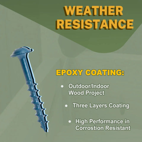 Exterior Pocket Hole Screws Blue Coated For Outdoor Use, shown with epoxy coating and weather-resistant features.