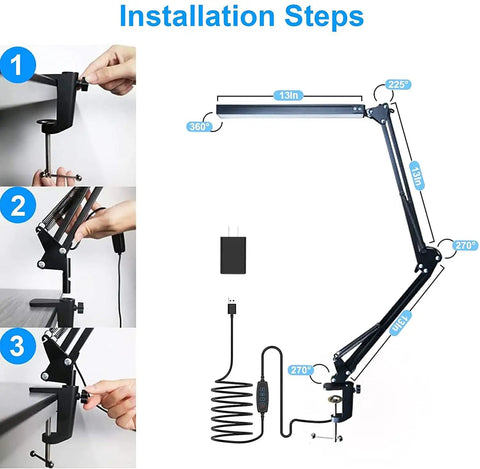 Installation steps for Clamp On LED Desk Lamp For Home And Office, Adjustable Swing Arm, Eye Caring Light shown in three stages
