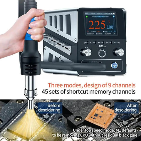 1400W Smart Hot Air Rework Station for SMD BGA Repair, Heats To 380 Celsius In 3 Seconds, Three Modes, 9 Channel Control.