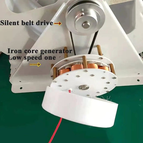 Close-up of 100W Hydroelectric Turbine With Quiet Belt Drive For Off Grid Lighting Device Charging showcasing iron core generator.