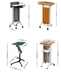 Rock Solid Portable Podium Stand With Quick Tilt Locks And Heavy Duty Casters That Roll Smoothly For Teaching Lectures Boardroom Meetings Church Services And Live Presentations with dimensions shown.