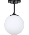 Semi Flush Ceiling Light With Globe White Glass Shade In Dope Matte Black Finish, iron frame, disk canopy, front view