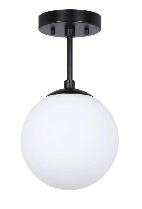 Semi Flush Ceiling Light With Globe White Glass Shade In Dope Matte Black Finish, iron frame, disk canopy, front view