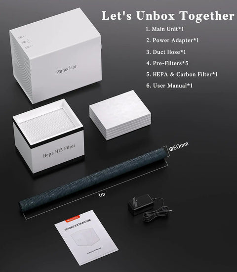 Components of FC-2001X Laser Fume Extractor With Three Powerful Suctions, including HEPA H13 filter and accessories.
