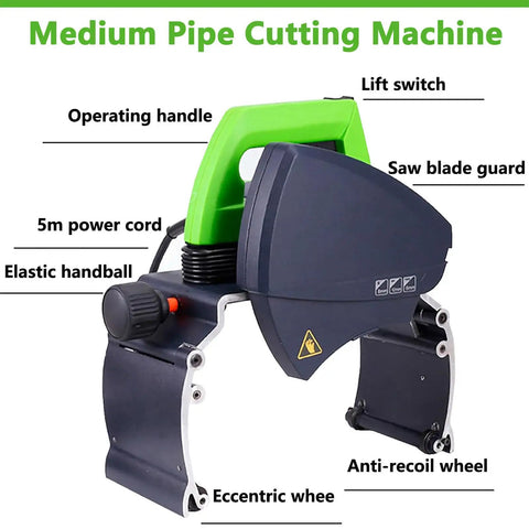 No Nonsense Heavy Duty Electric Pipe Cutter Machine For Steel Copper Stainless Steel And Pvc Plumbing, showing features like lift switch and power cord.