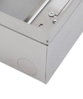 Close-up of Heavy Duty Recessed Floor Power Outlet Kit With Four Receptacles And A Stainless Steel Top showing rugged housing.
