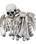 28 Piece Skeleton Bones And Skull Set For Halloween Decor includes skull, hands, and various bones for spooky scenes.