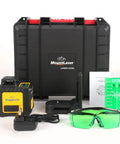 Pro Grade 3X360 Degree Self Leveling Laser Level Featuring Bright Green Cross Lines with case, glasses, and charger visible.