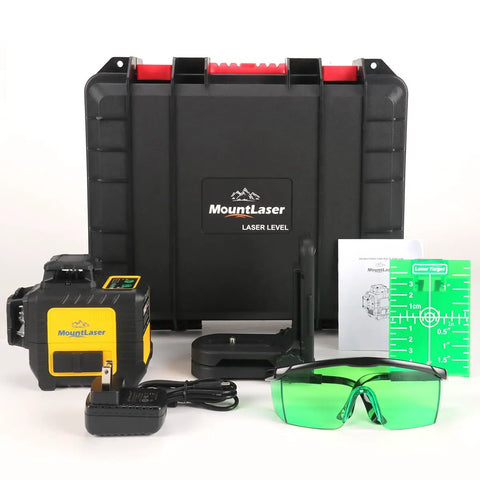 Pro Grade 3X360 Degree Self Leveling Laser Level Featuring Bright Green Cross Lines with case, glasses, and charger visible.