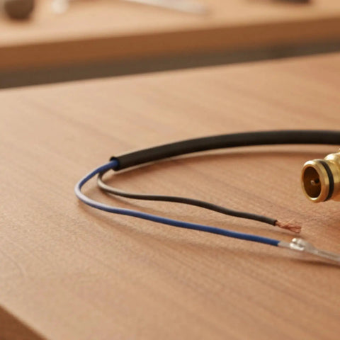 Premium Pressure Washer Switch Assembly Replacement With Pre-Stripped Wires And Durable Brass Threaded Connector In Compact Rectangular Housing close-up of black and blue wires.