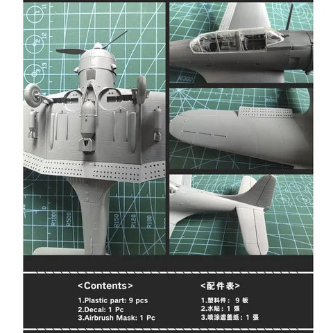 Collage of Dauntless SBD Three One To Seventy Two Scale Unassembled WWII Naval Dive Bomber Model Kit components.