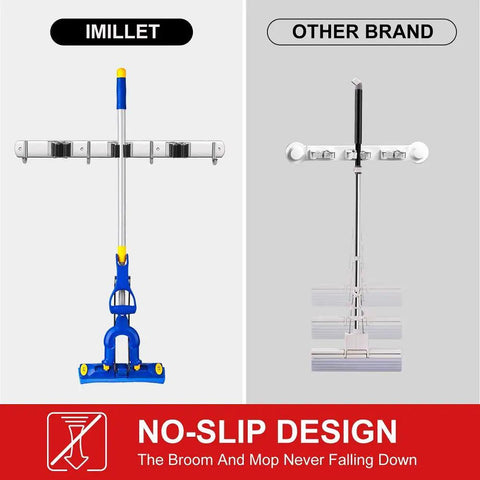 Comparison of Two Pack Wall Mounted Broom And Mop Holder Set Stainless Steel with other brand, showing no-slip design.