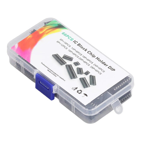 66Pcs Insulated IC Socket Kit in plastic storage box with visible flat pin sockets for PCB boards