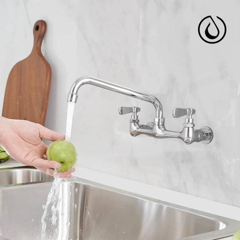Wall Mount Kitchen Faucet With 8 Inch Center Swivel Spout Dual Handle Heavy Duty Pro Grade Chrome Mixer Tap In Use