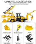 Compact Backhoe Loader With Advanced Hydraulic System Mini Wheel Backhoe With Front Loader And Foldable Rear Excavator displayed with accessory options including digging bucket and breaker hammer for construction sites and farm jobs.