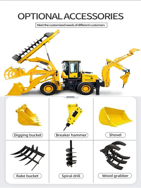 Compact Backhoe Loader With Advanced Hydraulic System Mini Wheel Backhoe With Front Loader And Foldable Rear Excavator displayed with accessory options including digging bucket and breaker hammer for construction sites and farm jobs.