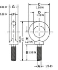 Diagram of Two Pack Eyebolt Set Go-To Heavy Duty Lifting Shoulder Eyebolts 1/2-13 Threads By 1-1/2 Inch Length with measurements