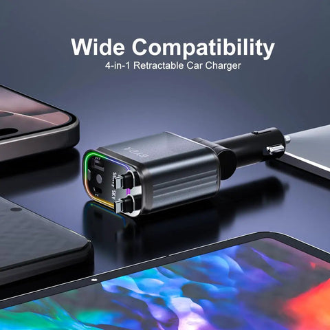 Four In One Retractable Car Charger With Starry Light 69W USB C Fast Car Charger on black surface with multiple ports visible