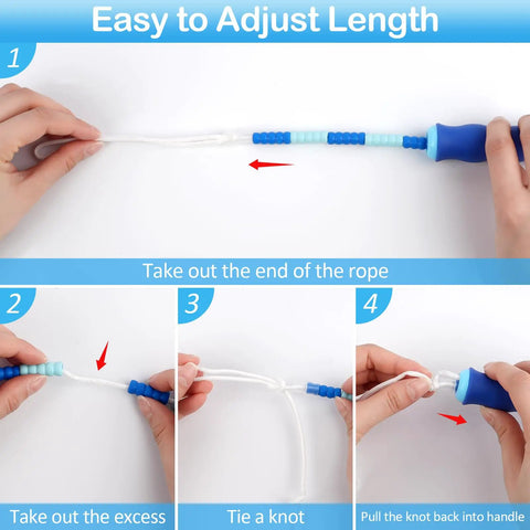 Steps to adjust length of adjustable jump rope for kids and teens, tangle free beaded skipping rope, blue and pink handle, 100-110 inch.