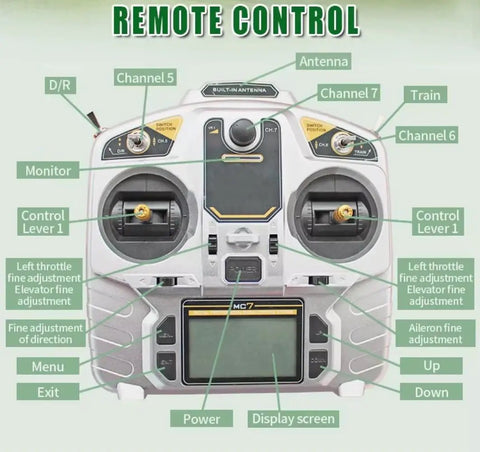 Remote control for Remote-Controlled Tracked Lawn Mowing Robot With Adjustable Cutting Height, showing buttons and controls, labeled features.