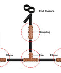 Diagram of Drip Irrigation Fittings Kit For One Half Inch Tubing, 20 Pieces With Couplings, Tees, And Elbows, labeled components.