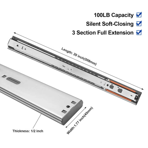 20 Inch Push To Open Soft Close Drawer Slides Heavy Duty Pair With Smooth Hydraulic Damping For Quiet Operation Easy Soft Close And Push Open Ideal For Kitchen Cabinets And Office Drawers, 20 in steel, 100 lb