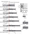 Diagram showing various lengths of telescoping drawer rails with soft close, beefy and heavy duty stainless steel slides for cabinets.