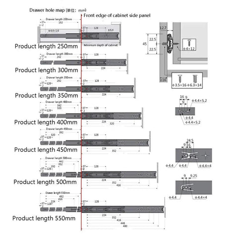 Diagram showing various lengths of telescoping drawer rails with soft close, beefy and heavy duty stainless steel slides for cabinets.