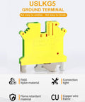 DIN Rail Ground Terminal Block With Screw Clamp For 600V 30A Electrical Wiring, Supports 24-10 AWG Conductors, Nylon PA66 Housing, USLKG5 model