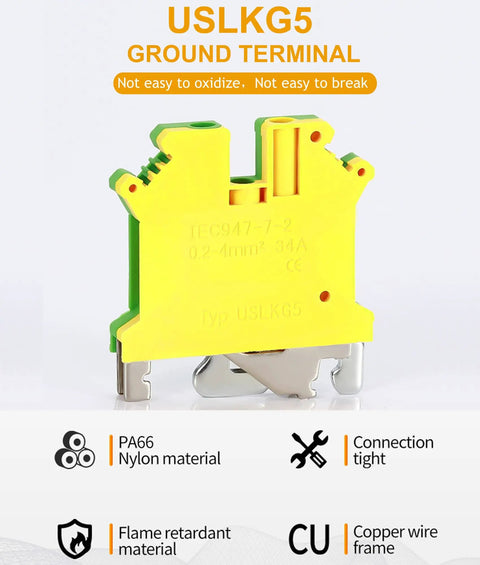 DIN Rail Ground Terminal Block With Screw Clamp For 600V 30A Electrical Wiring, Supports 24-10 AWG Conductors, Nylon PA66 Housing, USLKG5 model
