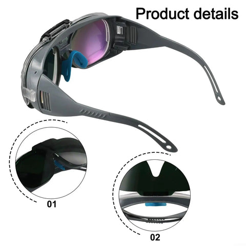 Heavy Duty Wrap Around Safety Glasses For Welding And Grinding With Impact Resistant Polycarbonate Lenses showing adjustable legs and grip pads.