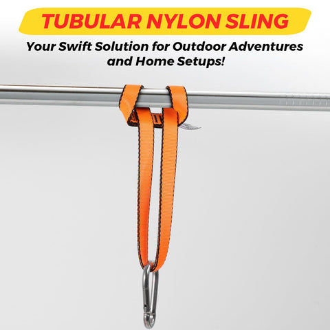 Orange tubular nylon sling hanging from bar with carabiner, focus on setup for outdoor adventures.