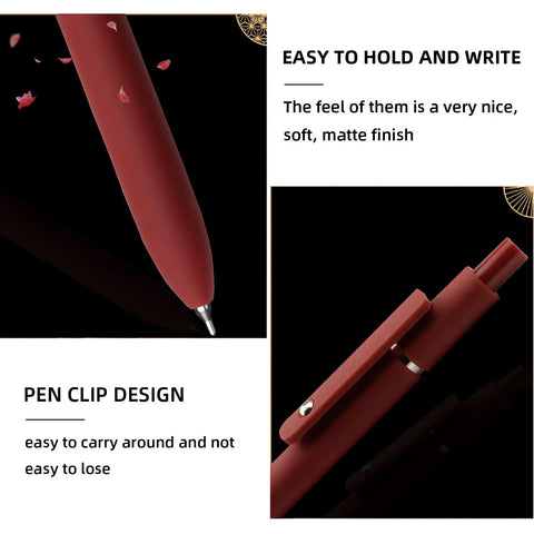 Close-up of Gel Pens Set Of 5 0.5mm Fine Point For Smooth Writing, Cute Vintage Black Ink Pens with easy grip silicone handle and fidget ball clip