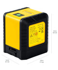 Versatile Laser Level With Horizontal Vertical And Cross Line Beams For Picture Hanging And DIY Home Renovation, 59 Foot Range Green Laser, Auto Pendulum Mode And Manual Option, Class II Indoor Outdoor, Yellow And Black, shows dimensions