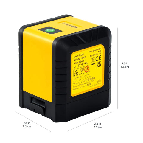 Versatile Laser Level With Horizontal Vertical And Cross Line Beams For Picture Hanging And DIY Home Renovation, 59 Foot Range Green Laser, Auto Pendulum Mode And Manual Option, Class II Indoor Outdoor, Yellow And Black, shows dimensions